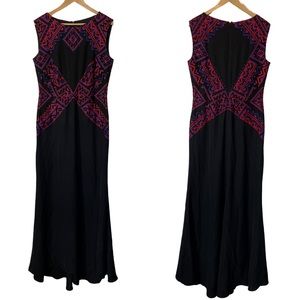 Tadashi Shoji black crepe evening gown with blue and red embroidery, size 12